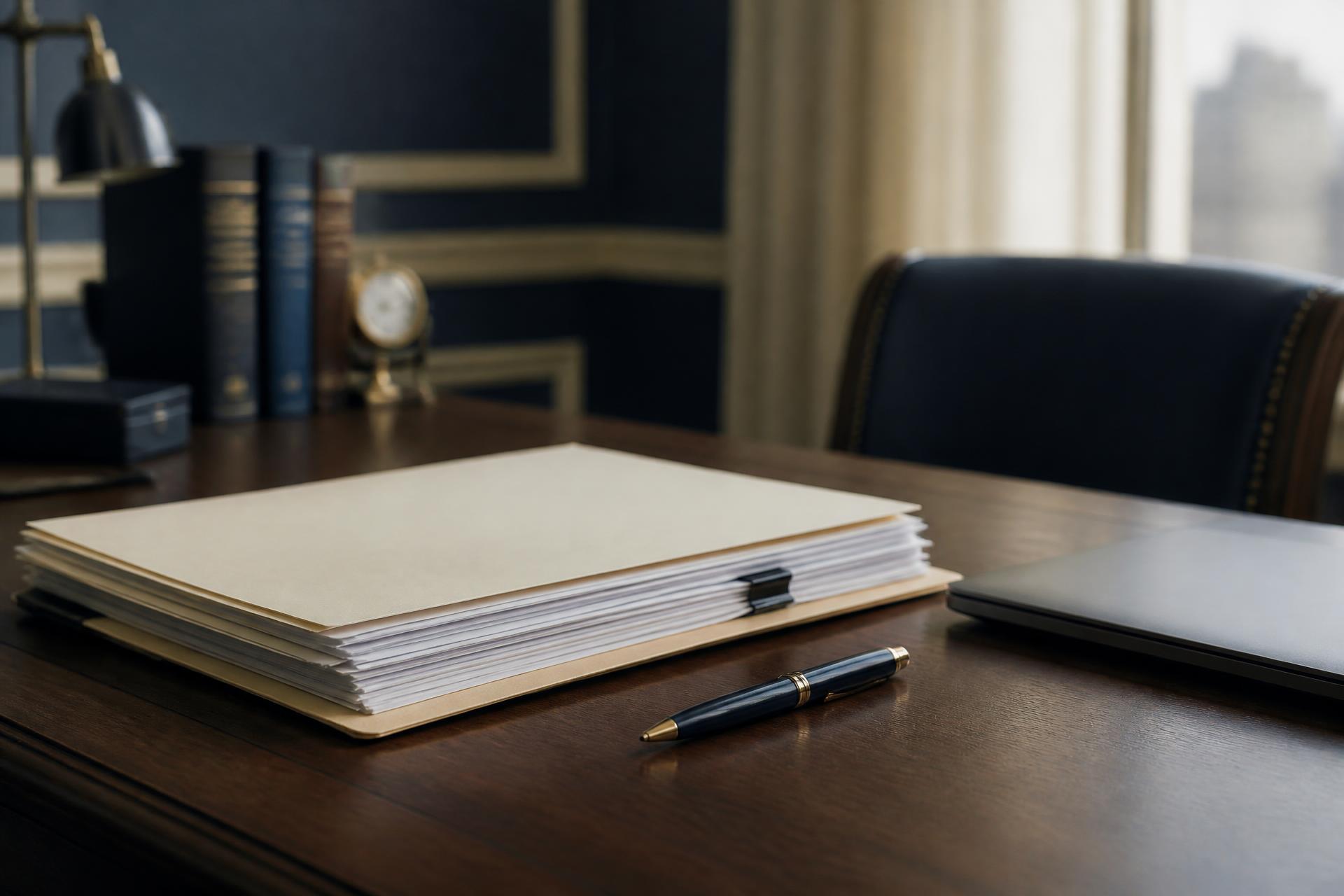 A folder of documents and a pen on a desk