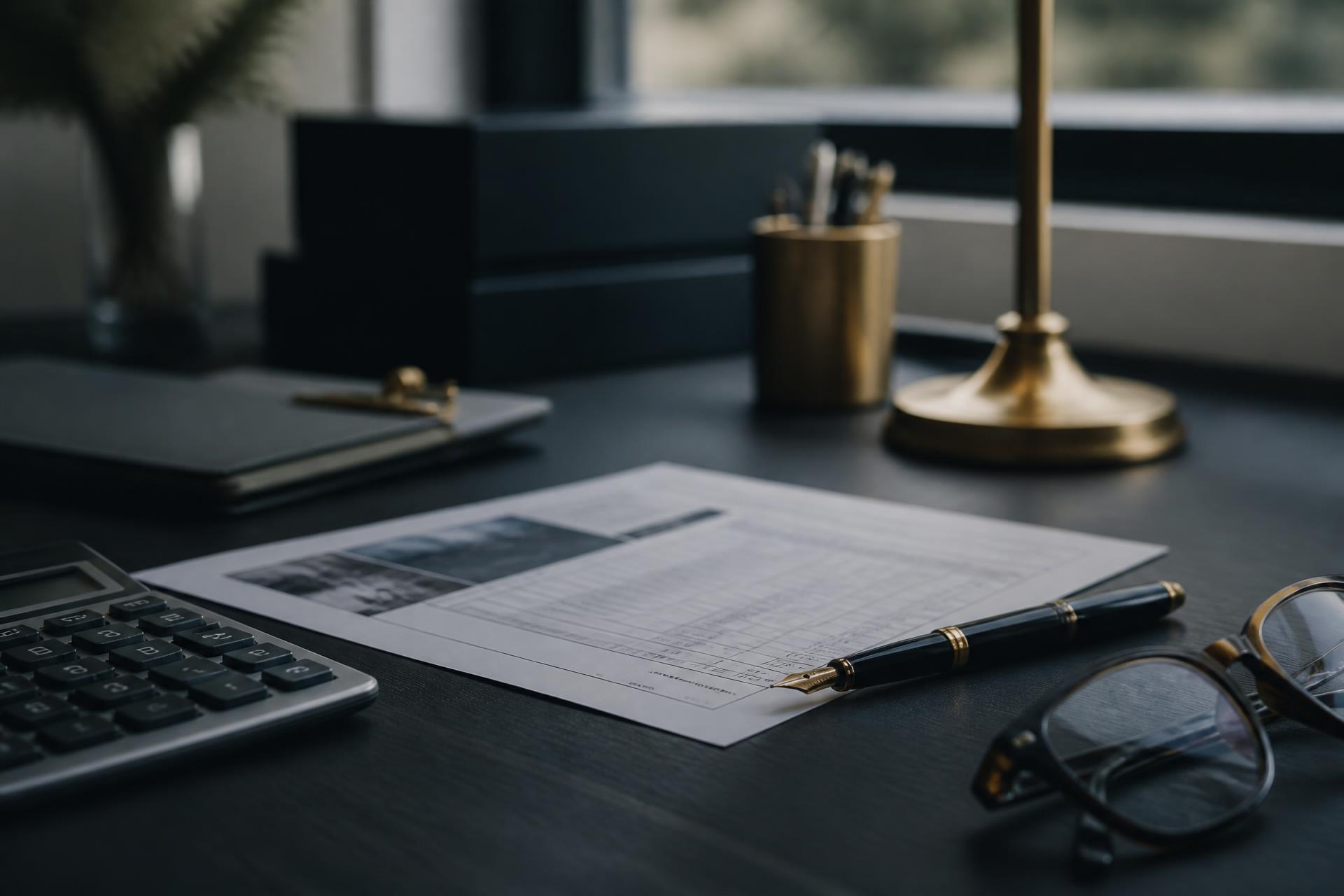 A printed proposal, pen and reading glasses on a desk